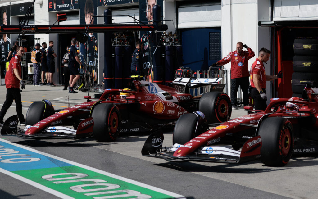 gettyimages-2219438109-1024x641-1 Ferrari drivers Charles Leclerc and Lewis Hamilton leave the garage during qualifying for the 2025 F1 Canadian Grand Prix