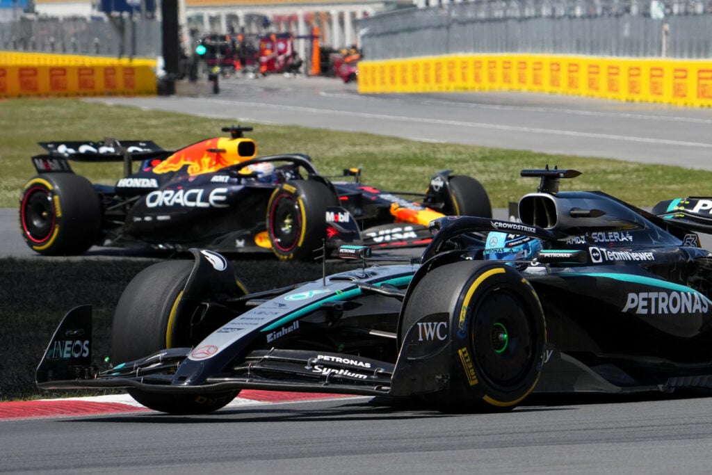 gettyimages-2219605725-1024x683-1 Mercedes driver George Russell leads Max Verstappen of Red Bull during the 2025 F1 Canadian Grand Prix