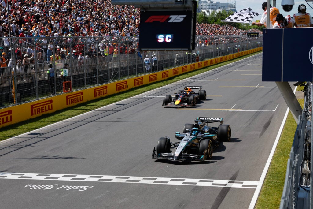 gettyimages-2219622420-1024x683-1 Mercedes driver George Russell crossing the finish line at the 2025 F1 Canadian Grand Prix ahead of Red Bull driver Max Verstappen