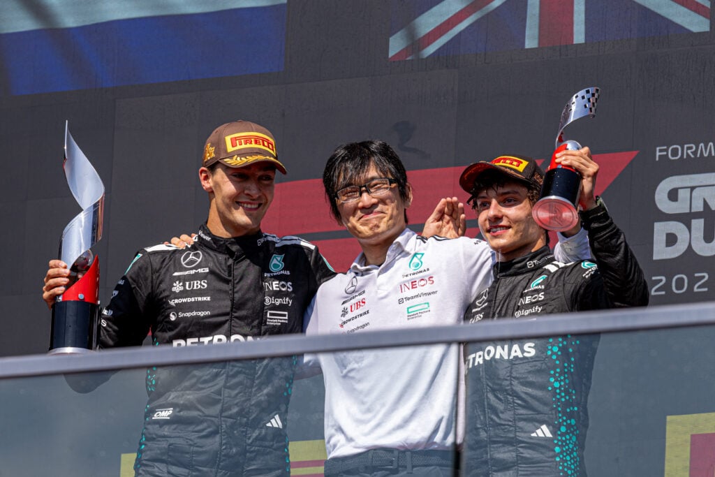 gettyimages-2219683122-1024x683-1 Mercedes drivers George Russell and Andrea Kimi Antonelli celebrating on the podium at the 2025 F1 Canadian Grand Prix