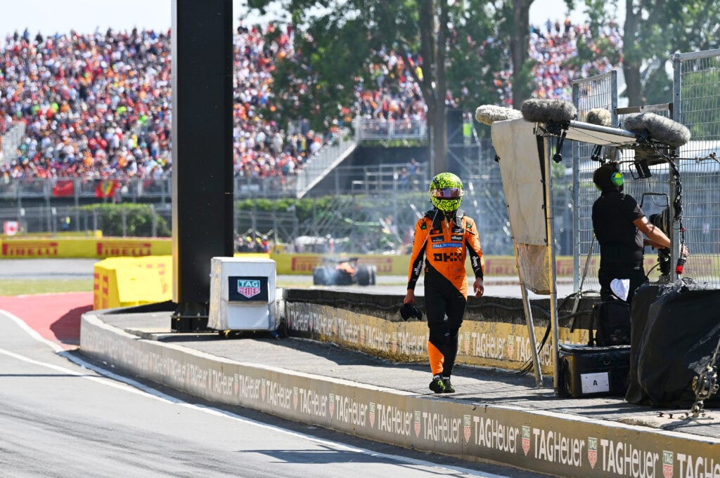 gettyimages-2220295951-1024x681-1 McLaren driver Lando Norris walking back to the pit lane after crashing into Oscar Piastri at the Canadian Grand Prix