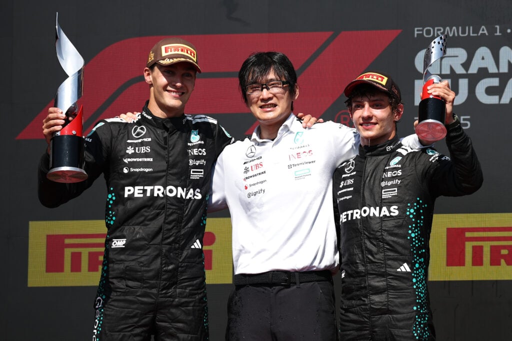 gettyimages-2220302121-1024x683-1 Mercedes driver George Russell celebrates winning the 2025 F1 Canadian Grand Prix on the podium with third-place finisher Andrea Kimi Antonelli