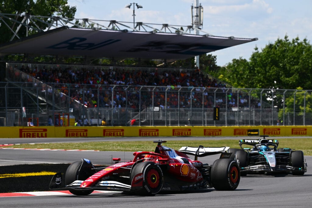 gettyimages-2220305469-1024x683-1 Ferrari driver Charles Leclerc on track with George Russell of Mercedes in the 2025 F1 Canadian Grand Prix