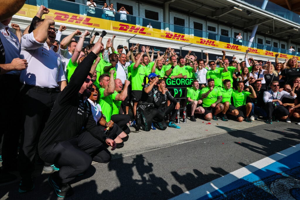 gettyimages-2220308365-1024x683-1 Mercedes F1 team celebrating George Russell's victory at the 2025 Canadian Grand Prix
