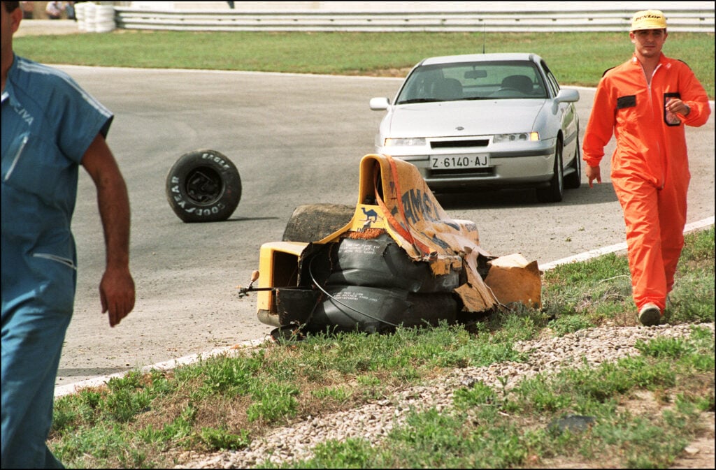 gettyimages-51654902-1024x673-1 Martin Donnelly's crashed Lotus at 1990 Spanish Grand Prix.